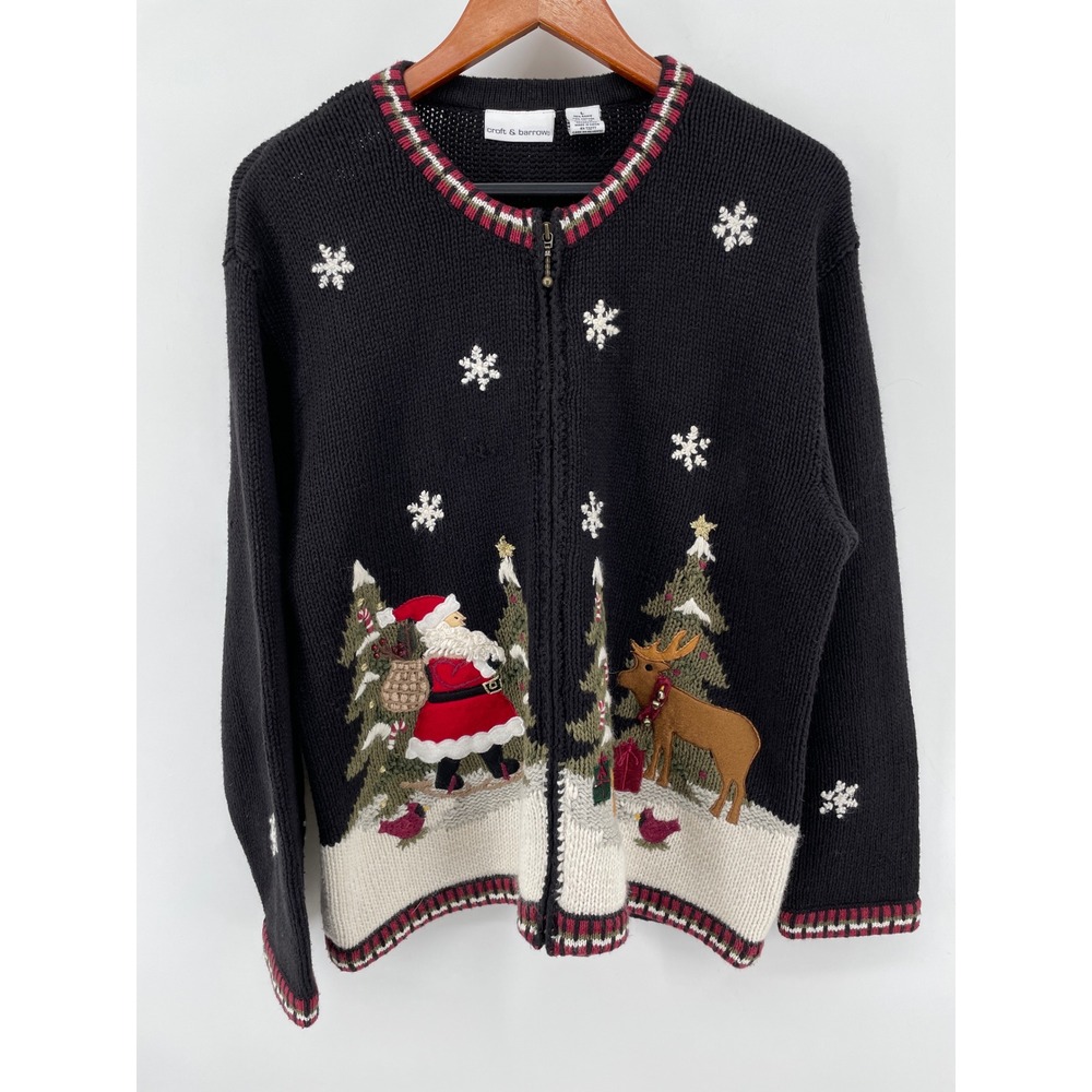 Croft & Barrow Christmas Sweater Cardigan Womens Large Santa Reindeer Snowflake